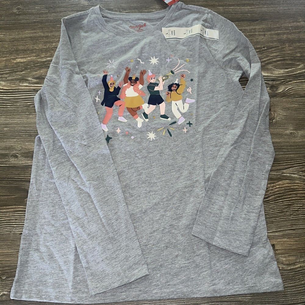 Cat & Jack Girl’s Celebrate Long Sleeve Graphic T-Shirt Gray Size Large. NWT. U